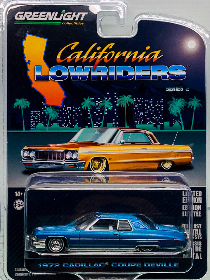 Buy at www.tatoyshop.com Greenlight 1:64 California Lowriders  1955 Chevrolet Bel Air in Custom Light Gray Metallic and Gold 1964 Chevrolet Impala with Continental Kit in Copper Brown 1963 Chevrolet Impala SS Convertible in White 1970 Chevrolet Monte Carlo in Green 1972 Cadillac Coupe Deville in Custom Light Blue 1990 Chevrolet Caprice Classic with Continental Kit in Custom Kandy Orange  International and Domestic delivery by Australia Post 