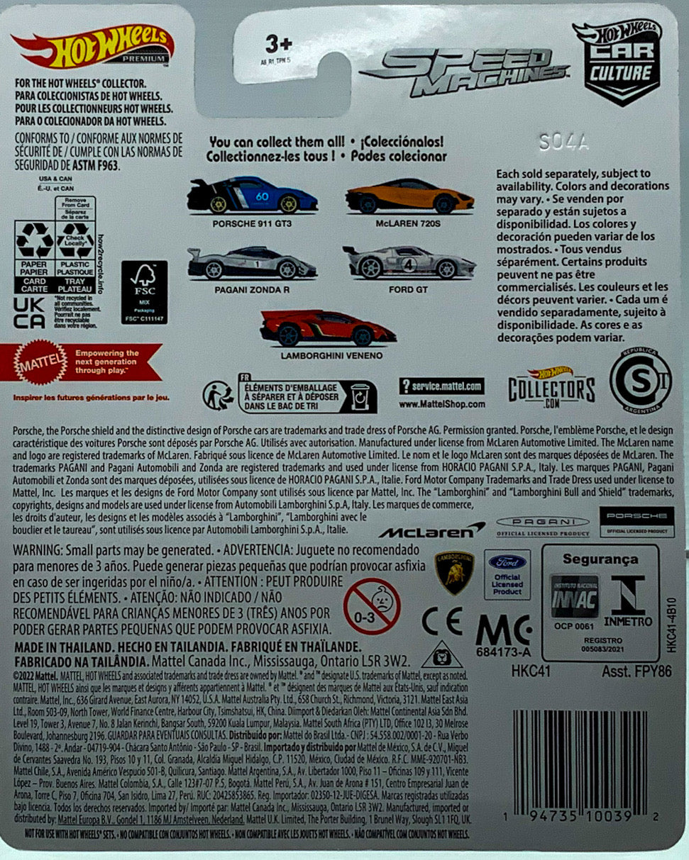 Buy at Tatoyshop.com Products Direct from Shipper Manufacturer Box Made in Thailand Hot Wheels Cars Toys Mattel FPY86 00887961619805   Buy at www.tatoyshop.com Back of the Card shows the 5 Cars on the Series  Porsche 911 GT3 (2022) 1/5 McLaren 720S 2/5 Pagani Zonda R 3/5 Ford GT LM 4/5 Lamborghini Veneno 5/5