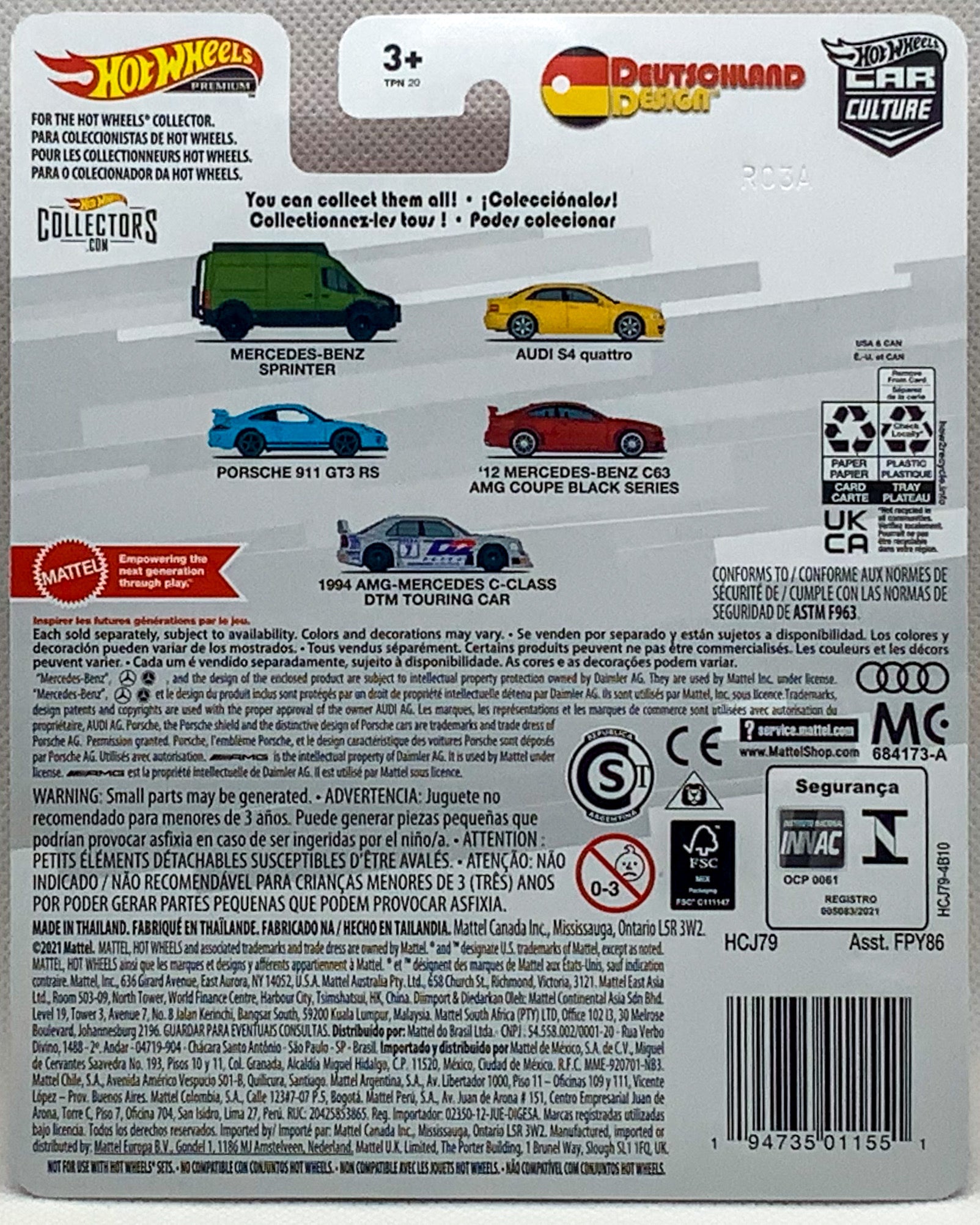 Buy at Tatoy Shop Back of Card shows the 5 Cars on Series Mercedes-Benz, Audi, Porsche, AMG Mercedes Premium Collections