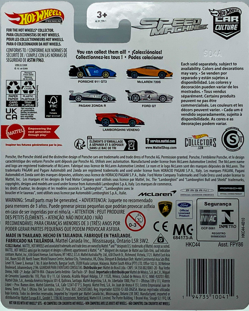 Buy at Tatoyshop.com Products Direct from Shipper Manufacturer Box Made in Thailand Hot Wheels Cars Toys Mattel FPY86 00887961619805   Buy at www.tatoyshop.com Back of the Card shows the 5 Cars on the Series  Porsche 911 GT3 (2022) 1/5 McLaren 720S 2/5 Pagani Zonda R 3/5 Ford GT LM 4/5 Lamborghini Veneno 5/5