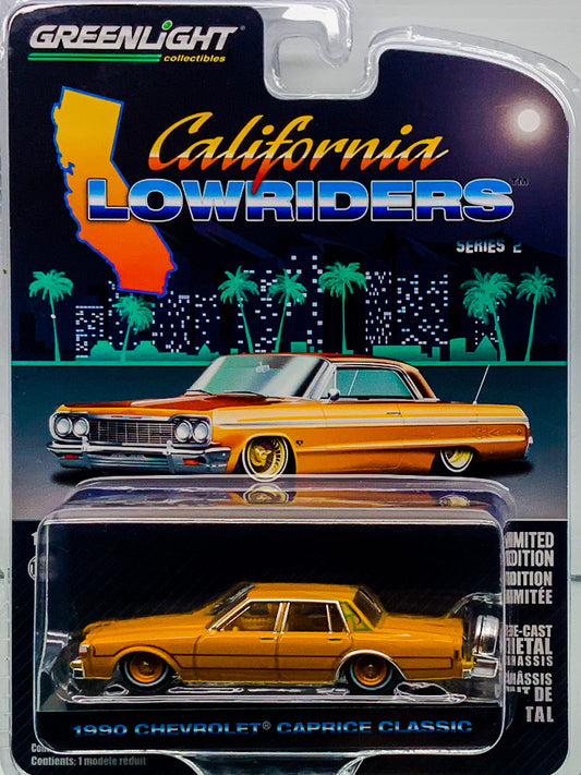 Buy at www.tatoyshop.com Greenlight 1:64 California Lowriders  1955 Chevrolet Bel Air in Custom Light Gray Metallic and Gold 1964 Chevrolet Impala with Continental Kit in Copper Brown 1963 Chevrolet Impala SS Convertible in White 1970 Chevrolet Monte Carlo in Green 1972 Cadillac Coupe Deville in Custom Light Blue 1990 Chevrolet Caprice Classic with Continental Kit in Custom Kandy Orange  International and Domestic delivery by Australia Post 