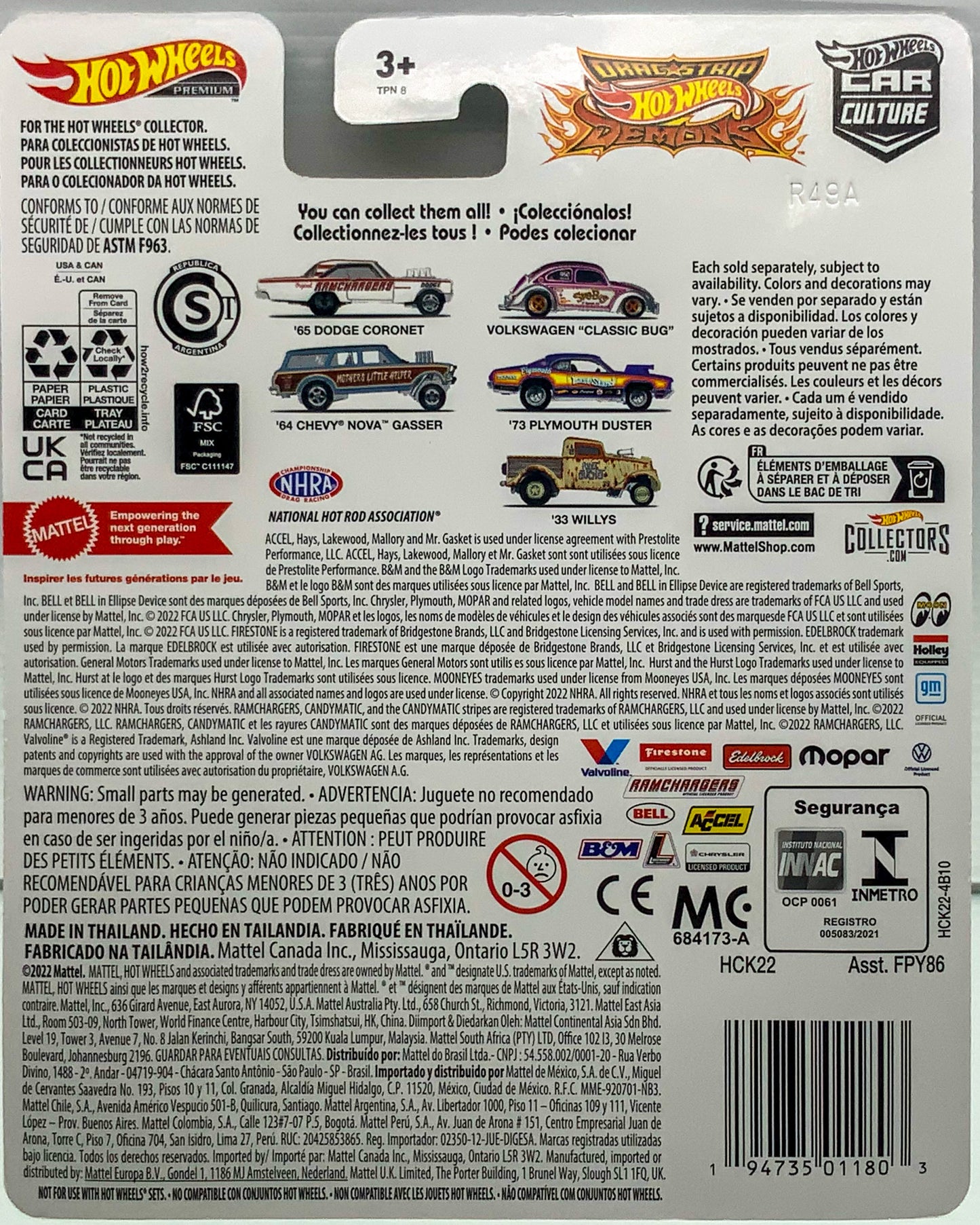 Buy at Tatoyshop.com Products Direct from Shipper Manufacturer Box Made in Thailand Hot Wheels Cars Toys Mattel FPY86 00887961619805   Buy at www.tatoyshop.com Back of the Card shows the 5 Cars on the Series  '65 Dodge Coronet A/FX 1/5 Volkswagen "Classic Bug" 2/5 '64 Chevy Nova Wagon Gasser 3/5 '73 Plymouth Duster 4/5 '33 Willys 5/5