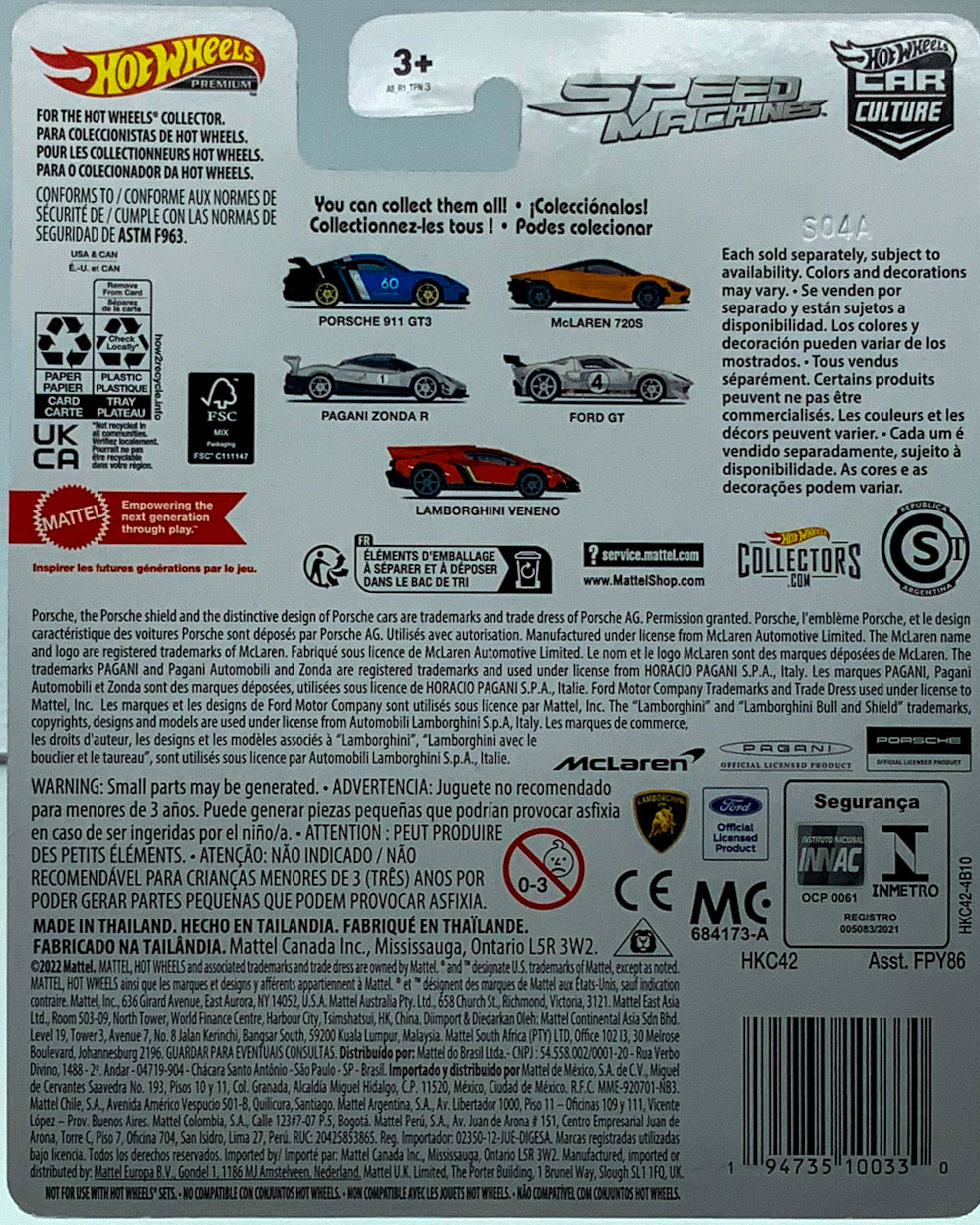 Buy at Tatoyshop.com Products Direct from Shipper Manufacturer Box Made in Thailand Hot Wheels Cars Toys Mattel FPY86 00887961619805   Buy at www.tatoyshop.com Back of the Card shows the 5 Cars on the Series  Porsche 911 GT3 (2022) 1/5 McLaren 720S 2/5 Pagani Zonda R 3/5 Ford GT LM 4/5 Lamborghini Veneno 5/5