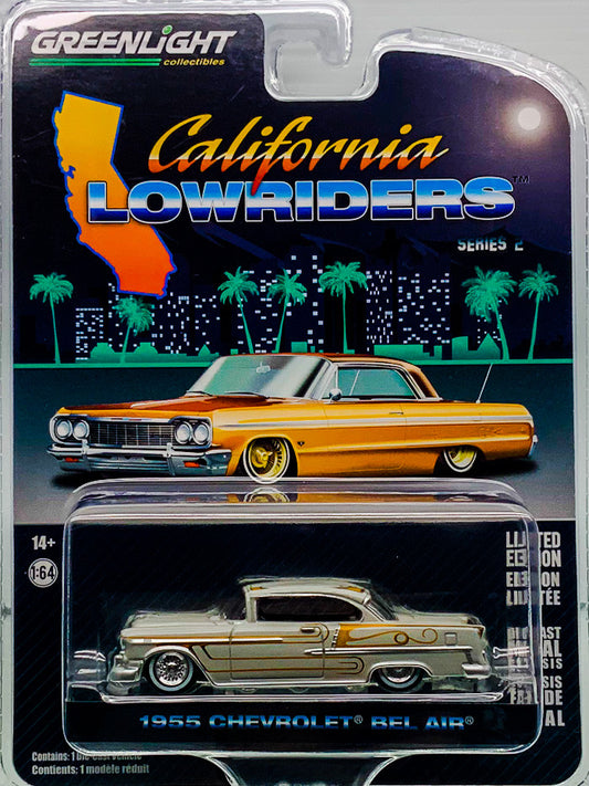 Buy at www.tatoyshop.com Greenlight 1:64 California Lowriders  1955 Chevrolet Bel Air in Custom Light Gray Metallic and Gold  International and Domestic delivery by Australia Post 