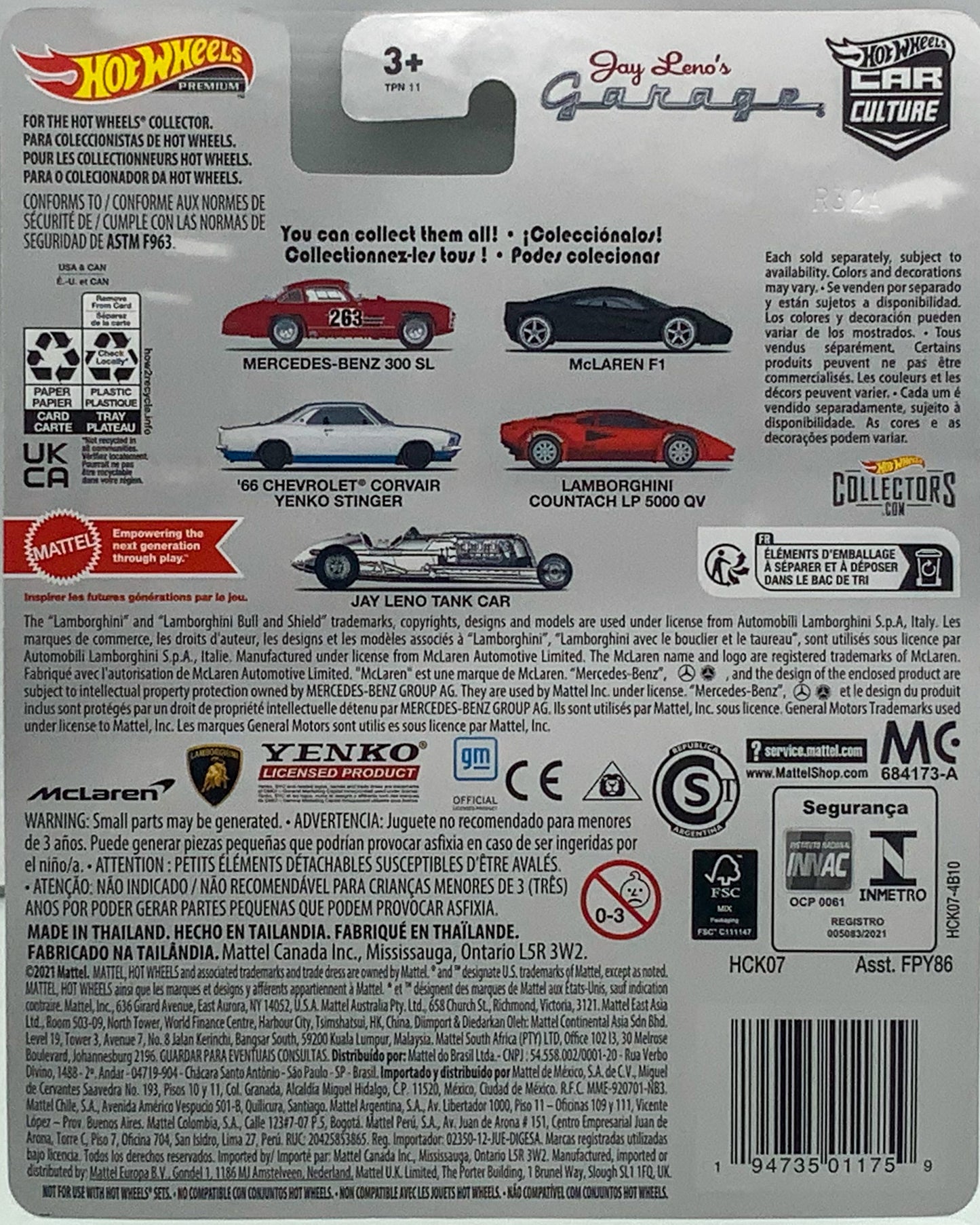 Buy at Tatoyshop.com Products Direct from Shipper Manufacturer Box Made in Thailand Hot Wheels Cars Toys Mattel FPY86 00887961619805   Buy at Tatoyshop.com Back of the Card shows the 5 Cars on the Series  Mercedes-Benz 300 SL 1/5 McLaren F1 2/5 '66 Chevrolet Corvair Yenko Stinger 3/5 Lamborghini Countach LP 5000 QV 4/5 Jay Leno Tank Car 5/5 