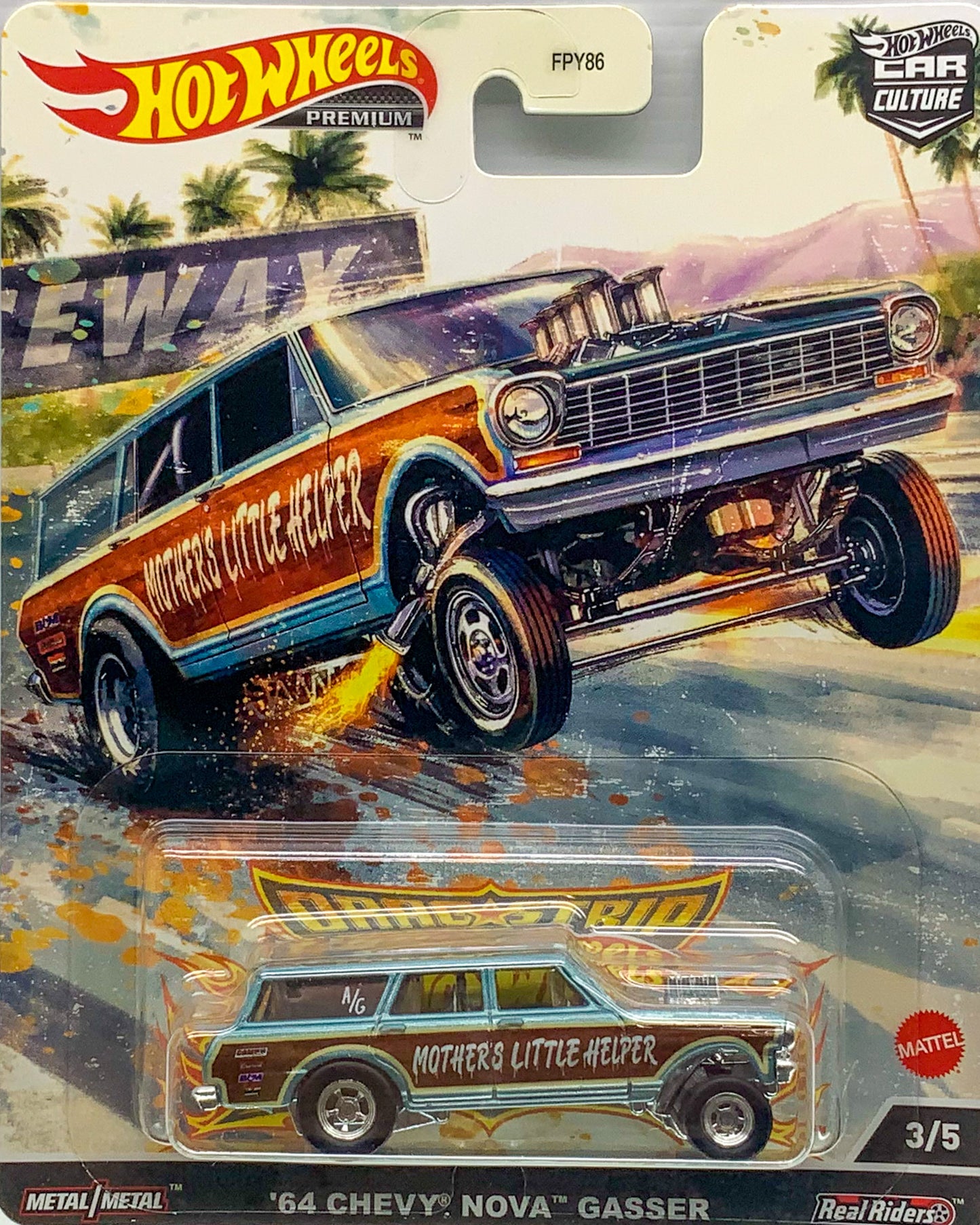 Buy at Tatoyshop.com Hot Wheels Car Culture  2022 Hot Wheels Car Culture Dragstrip Demons Series '64 Chevy Nova Wagon Gasser 3/5  Number 1 from the set of 5 Dragstrip Demons Series Premium Real Riders Metal Mattel FPY86 Shop Now   Mr Toys Kmart Target Big W  International and Domestic delivery by Auspost 