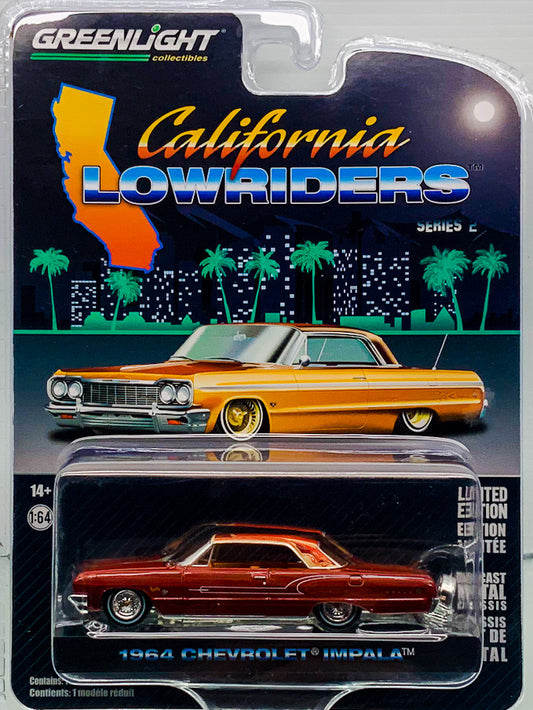 Buy at www.tatoyshop.com Greenlight 1:64 California Lowriders  1955 Chevrolet Bel Air in Custom Light Gray Metallic and Gold 1964 Chevrolet Impala with Continental Kit in Copper Brown 1963 Chevrolet Impala SS Convertible in White 1970 Chevrolet Monte Carlo in Green 1972 Cadillac Coupe Deville in Custom Light Blue 1990 Chevrolet Caprice Classic with Continental Kit in Custom Kandy Orange  International and Domestic delivery by Australia Post 