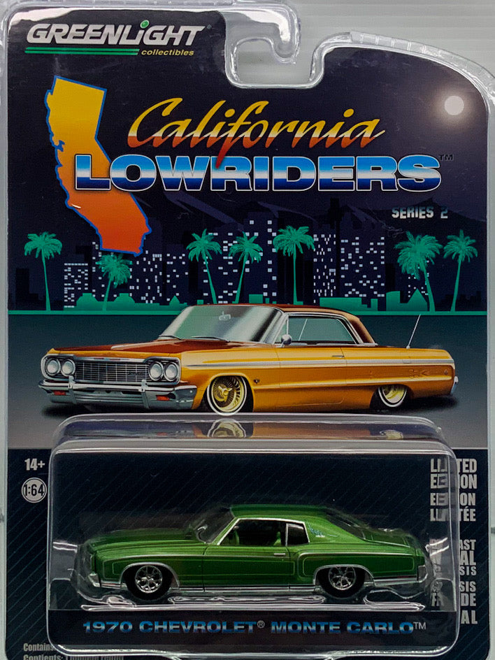 Buy at www.tatoyshop.com Greenlight 1:64 California Lowriders  1955 Chevrolet Bel Air in Custom Light Gray Metallic and Gold 1964 Chevrolet Impala with Continental Kit in Copper Brown 1963 Chevrolet Impala SS Convertible in White 1970 Chevrolet Monte Carlo in Green 1972 Cadillac Coupe Deville in Custom Light Blue 1990 Chevrolet Caprice Classic with Continental Kit in Custom Kandy Orange  International and Domestic delivery by Australia Post 