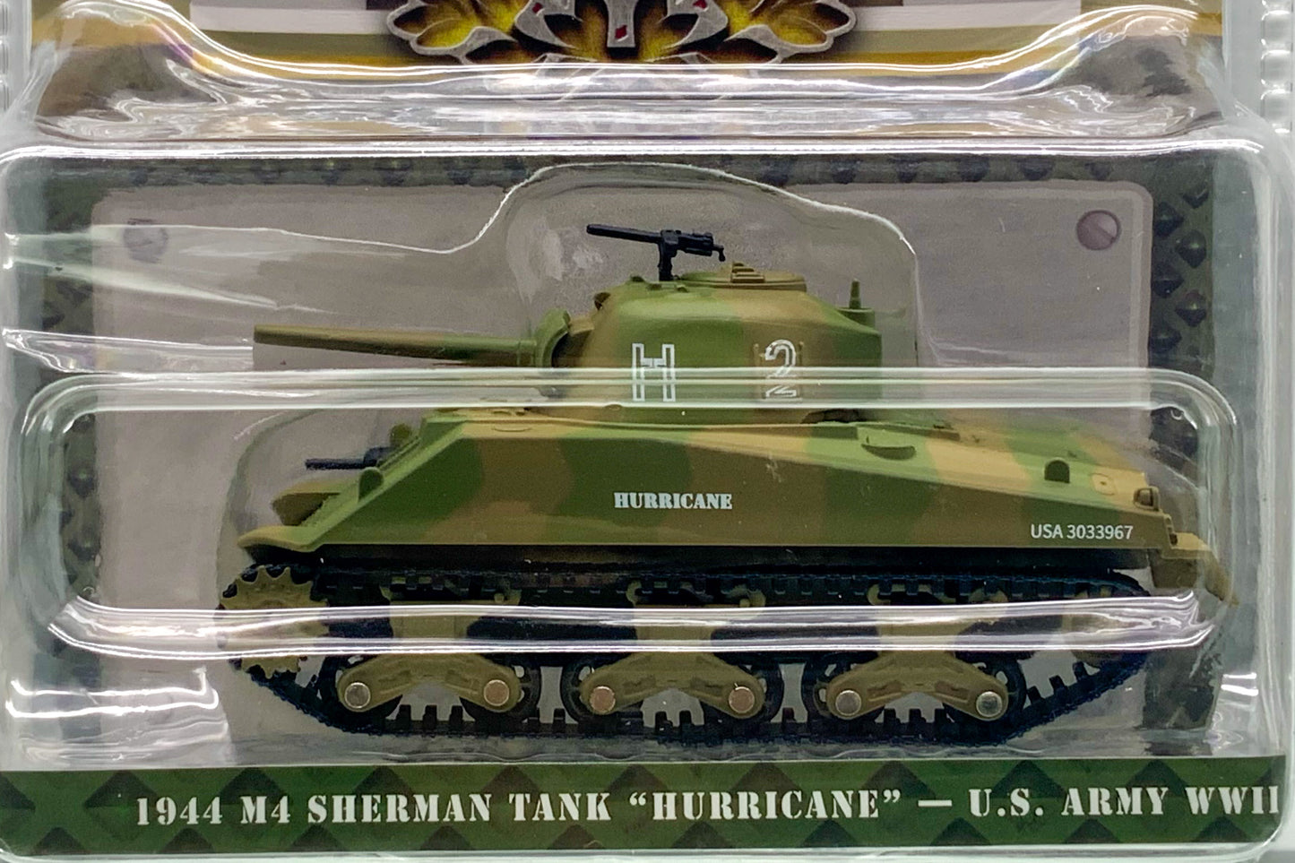 Buy at Tatoyshop.com   List 2023 Greenlight Battalion 64 Series    U.S. Army Ambulance - 1939 Chevrolet Panel Truck  1944 M4 Sherman Tank "Hurricane" - U.S. Army World War II - 66th Armor Regiment, 2nd U.S. Armoured Division, Normandy  545th Military Police Company - Camp Drake, Japan Training Camp - 1949 Willys Jeep MB  U.S. Air Force Air Police - 1971 Jeep DJ-5  1984 Chevrolet M1009 CUCV in Camouflage with Mounted Machine Guns  U.S. Army - Military-Spec Camouflage - 2022 Jeep Gladiator